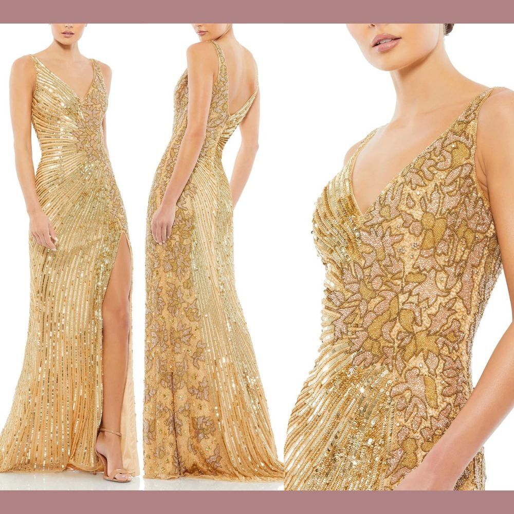 NWT $598 Mac Duggal [  8 ] V Neck‎ Beaded Floral Sleeveless Gown in Gold #S1115